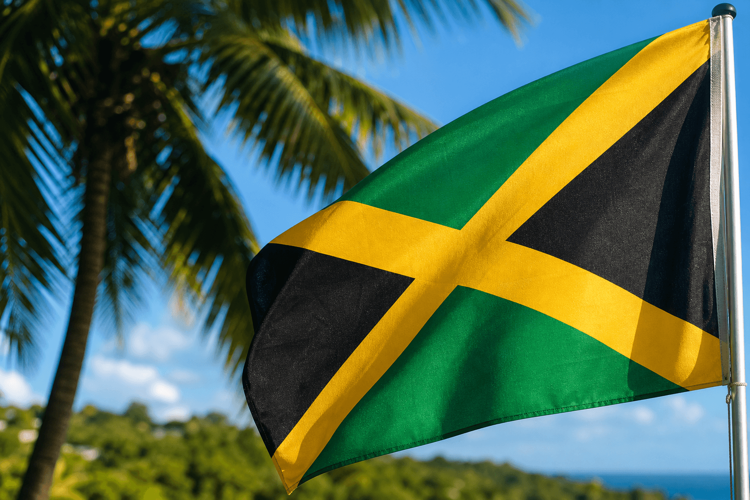 Jamaican flag in bright tropical daylight
