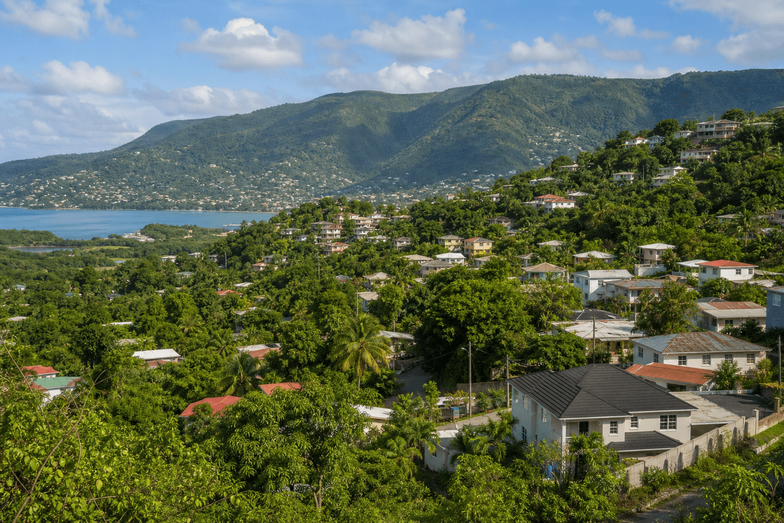 Hillside Jamaican community with homes and green mountains