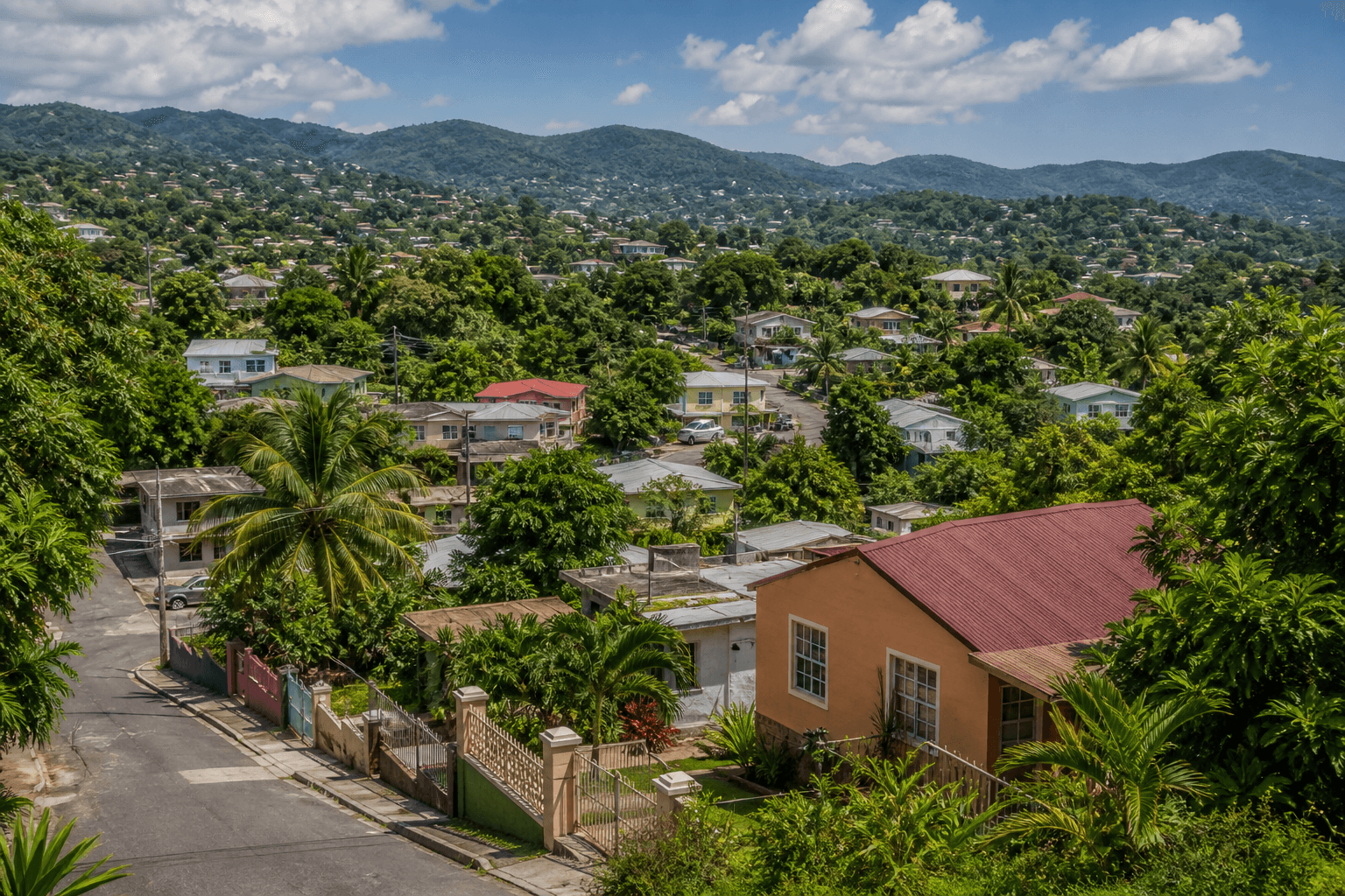 Jamaican neighborhood landscape with homes and hills